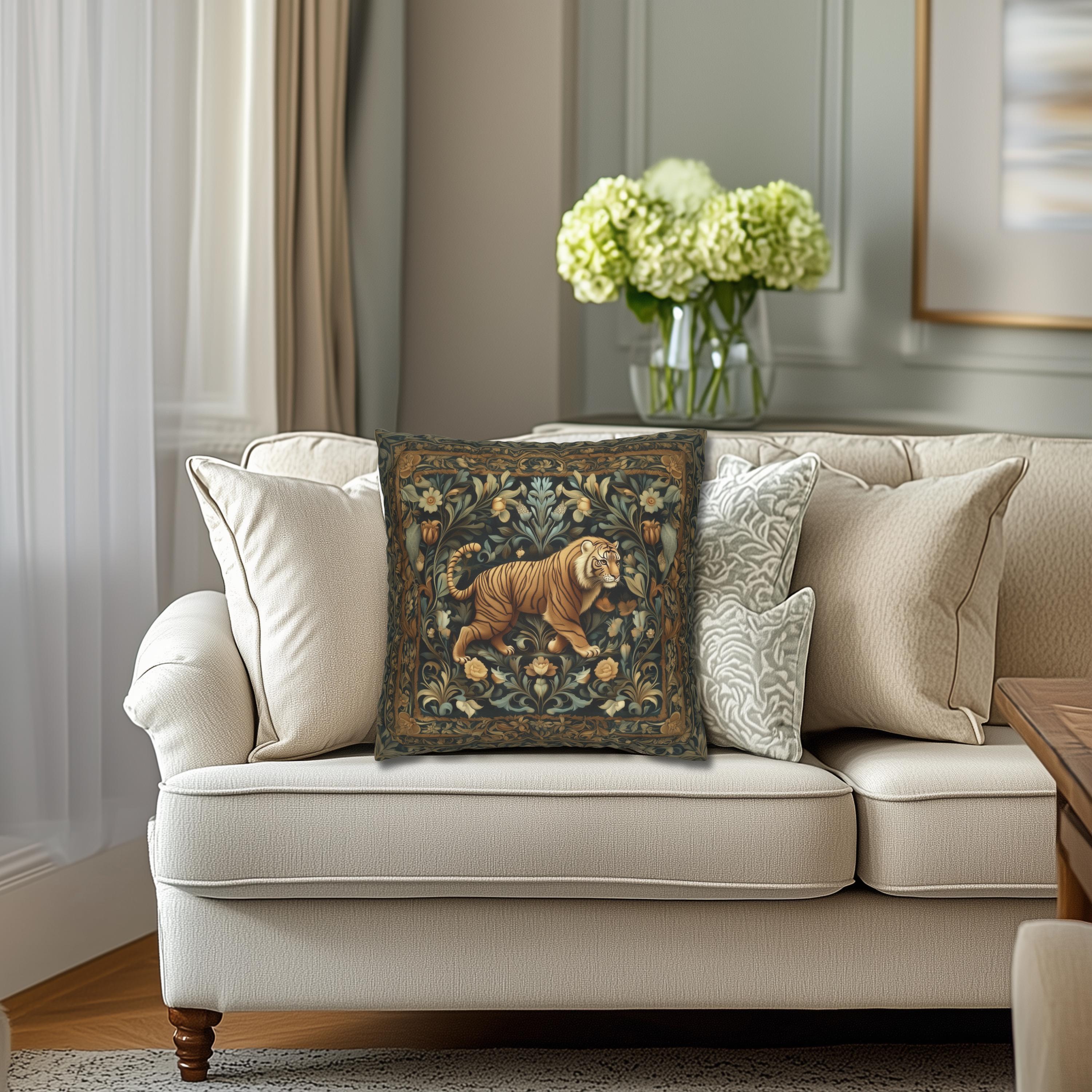 William Morris Inspired Tiger in the Garden Pillow Cover: Botanical Tapestry Accent