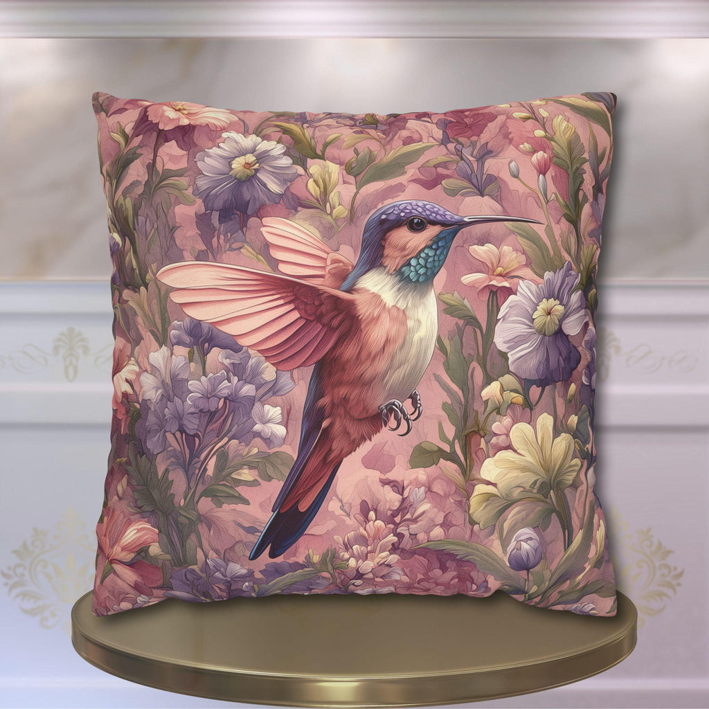 Vintage Style Blush Hummingbird Pillow Cover: William Morris Pink Botanical Floral Cushion Accent