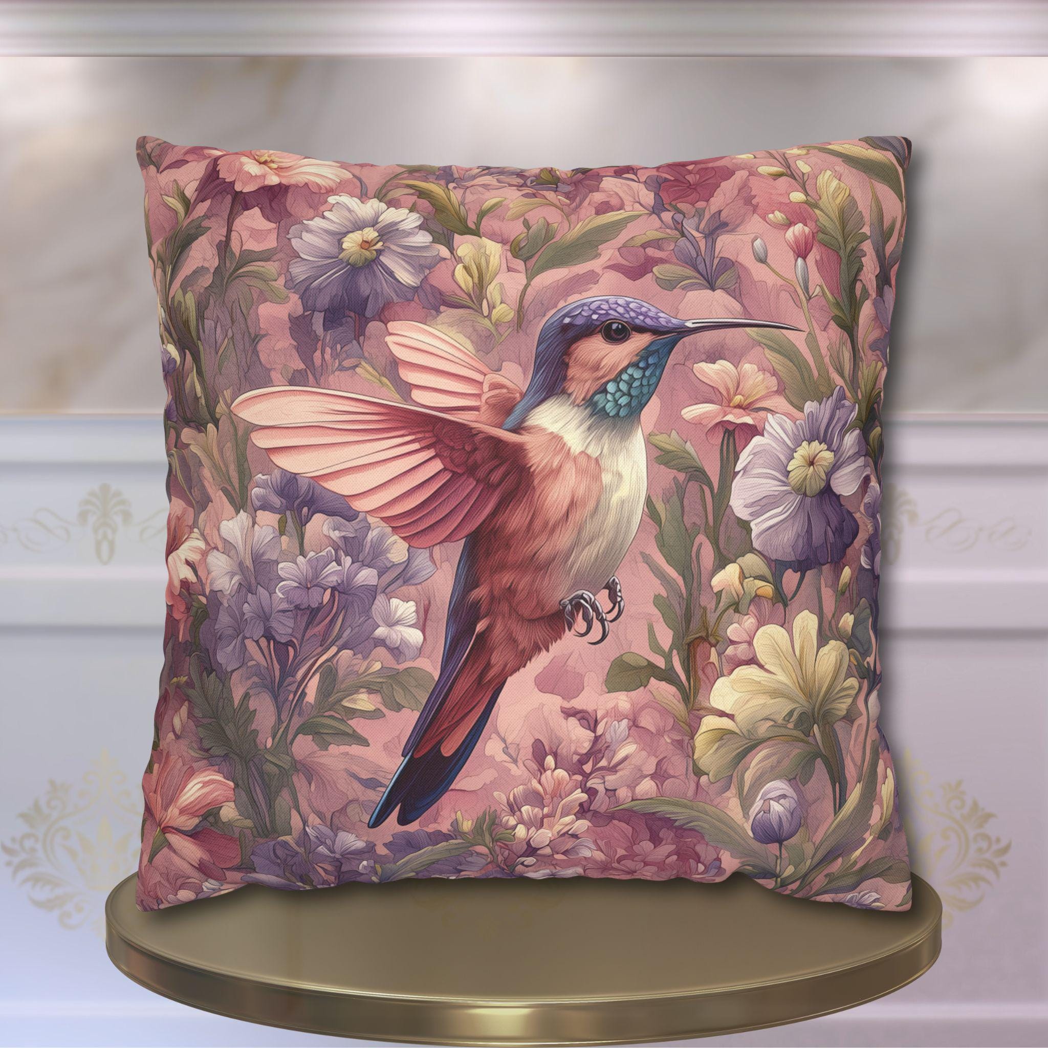 Vintage Style Blush Hummingbird Pillow Cover: William Morris Pink Botanical Floral Cushion Accent