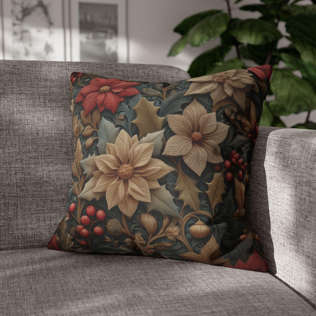 William Morris Christmas Pillow Cover: Wine & Pale Taupe Poinsettias with Clay on Gray Background