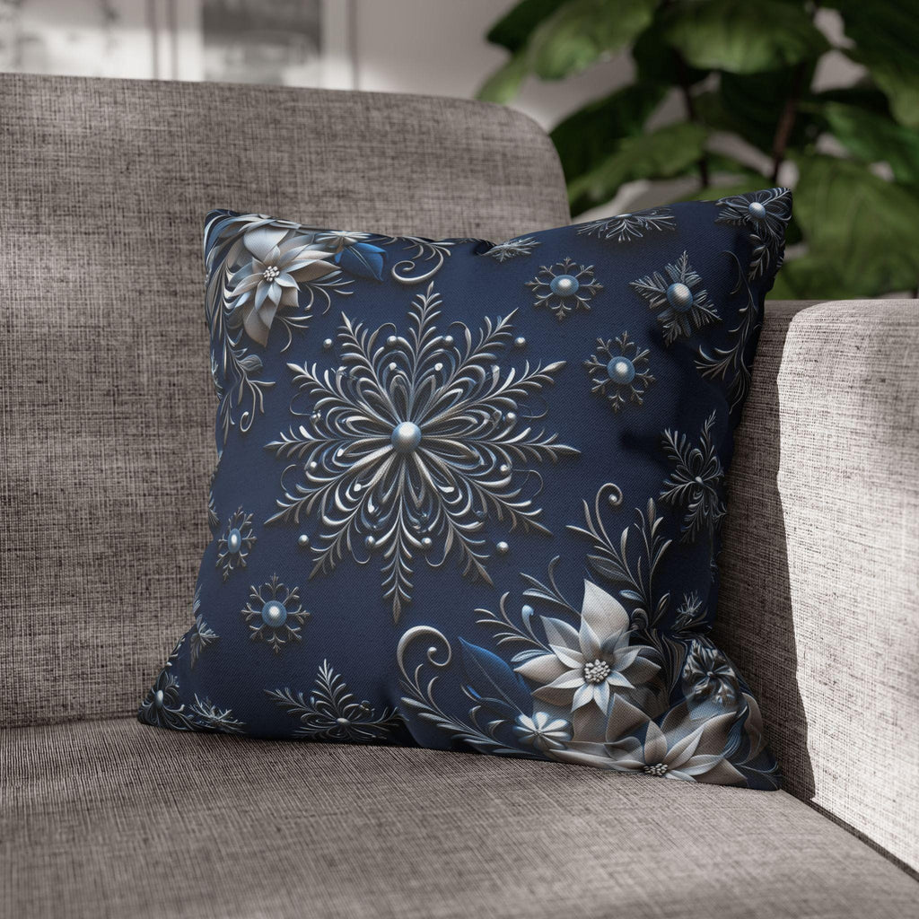 Winter Blue Silver Poinsettia Snowflake Pillowcase, Holiday Decor Square Throw Pillow Cover
