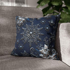 Winter Blue Silver Poinsettia Snowflake Pillowcase, Holiday Decor Square Throw Pillow Cover
