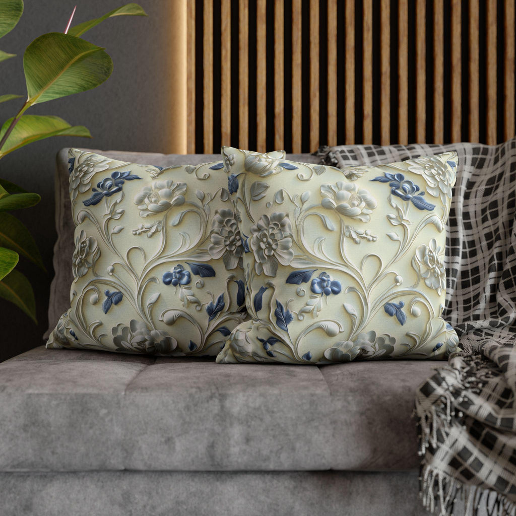 Elegant Chinoiserie Floral Pillowcase: Ivory & Blue Porcelain-Inspired Square Cover for Home Decor