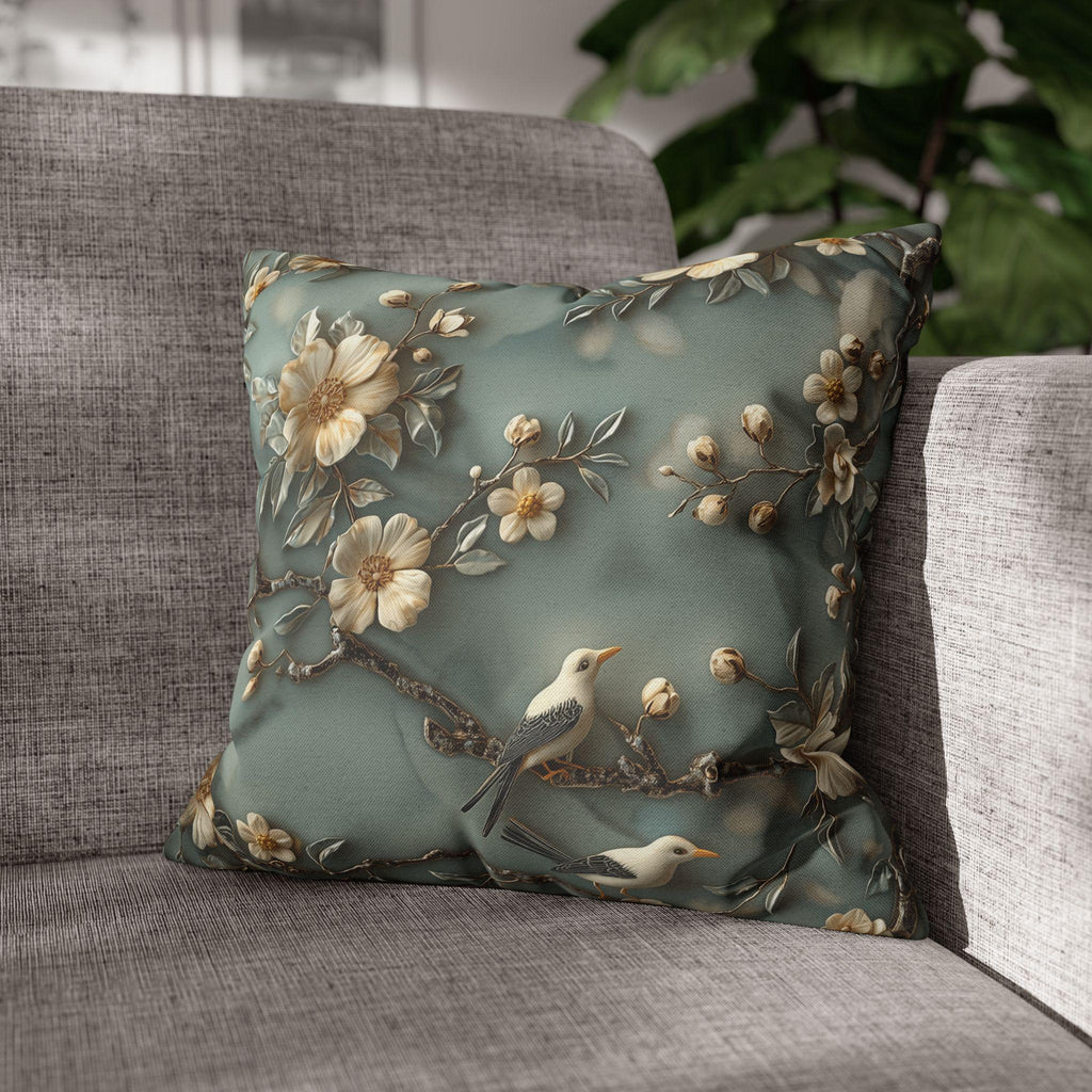 Elegant Chinoiserie Floral Pillow Cover: Cream Blossoms on Dreamy Soft Blue Background