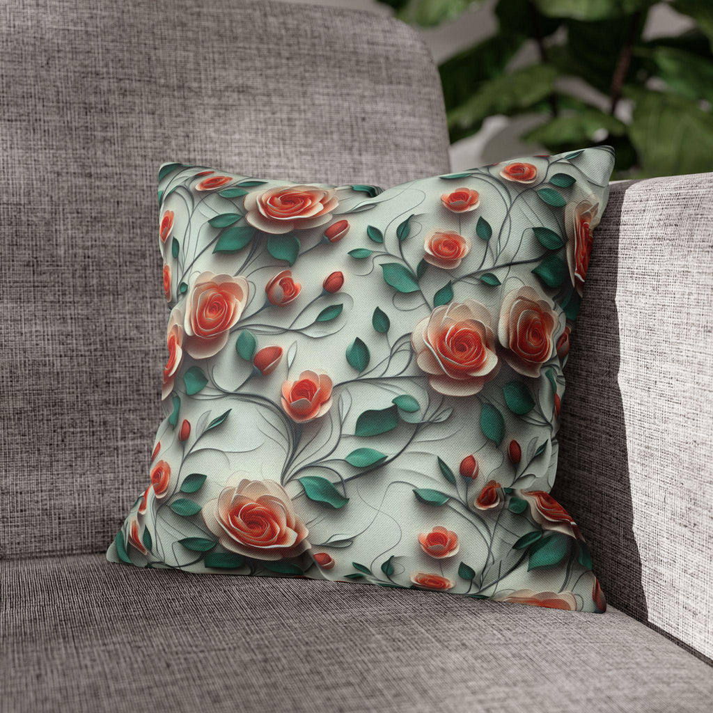 Elegant Floral Rose Square Pillowcase: Romantic Red Coral Design for Home Decor, Wedding Gift