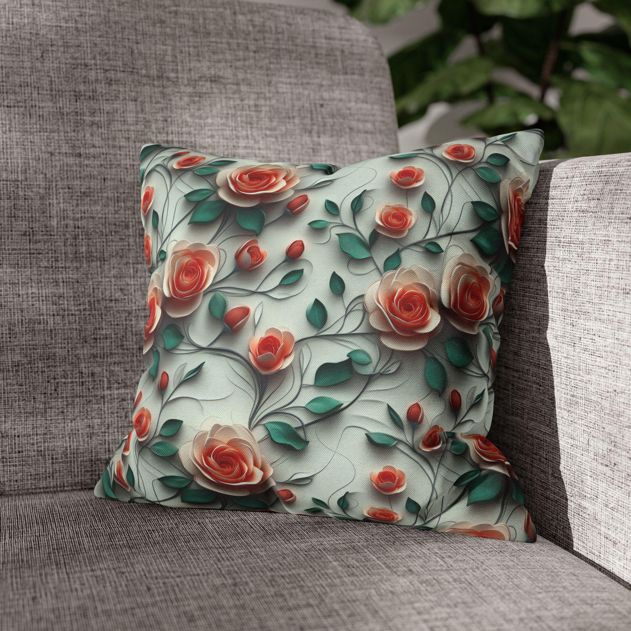 Elegant Floral Rose Square Pillowcase: Romantic Red Coral Design for Home Decor, Wedding Gift