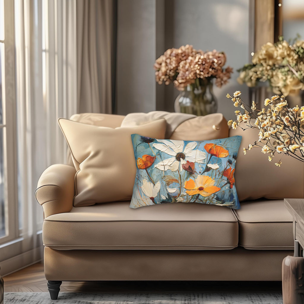 Vintage Style Floral Lumbar Pillow: Blue Wildflower Oil Painting Style