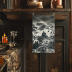 Halloween Toile Hand Towel: Haunted House, Crows and Black Cat in Monochrome