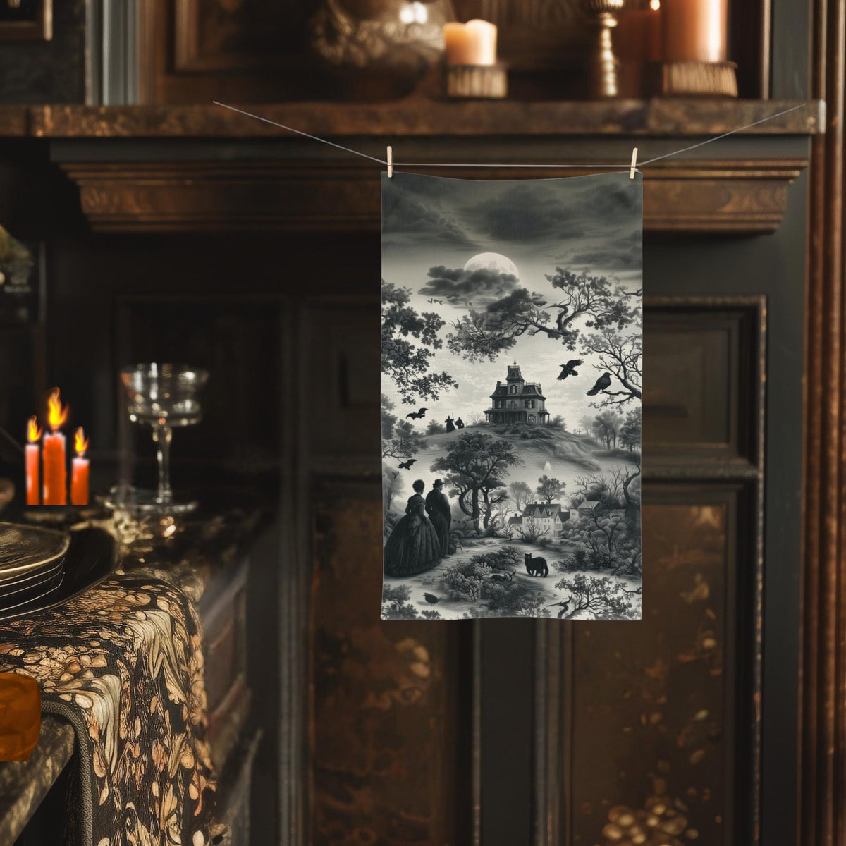 Halloween Toile Hand Towel: Haunted House, Crows and Black Cat in Monochrome