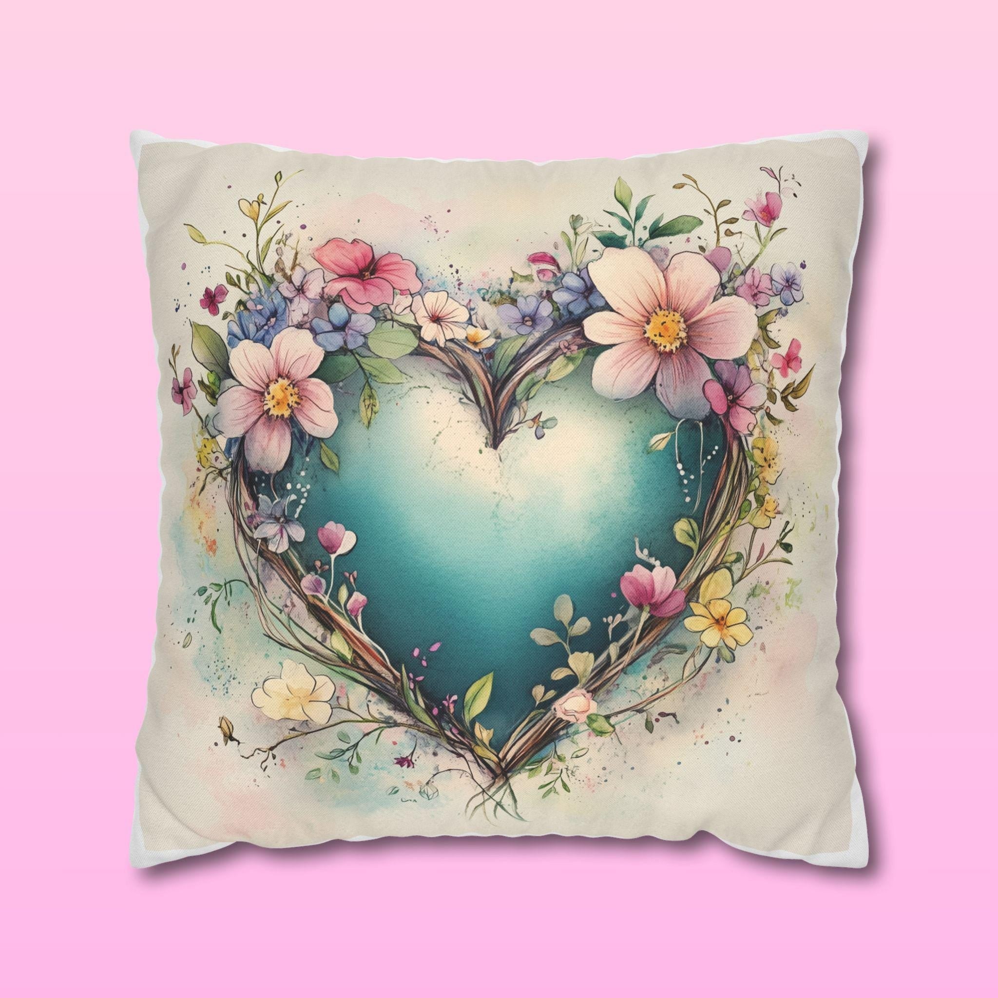Romantic Floral Heart Wreath Pillowcase: Whimsical Square Cushion Cover for Home Decor & Gifts
