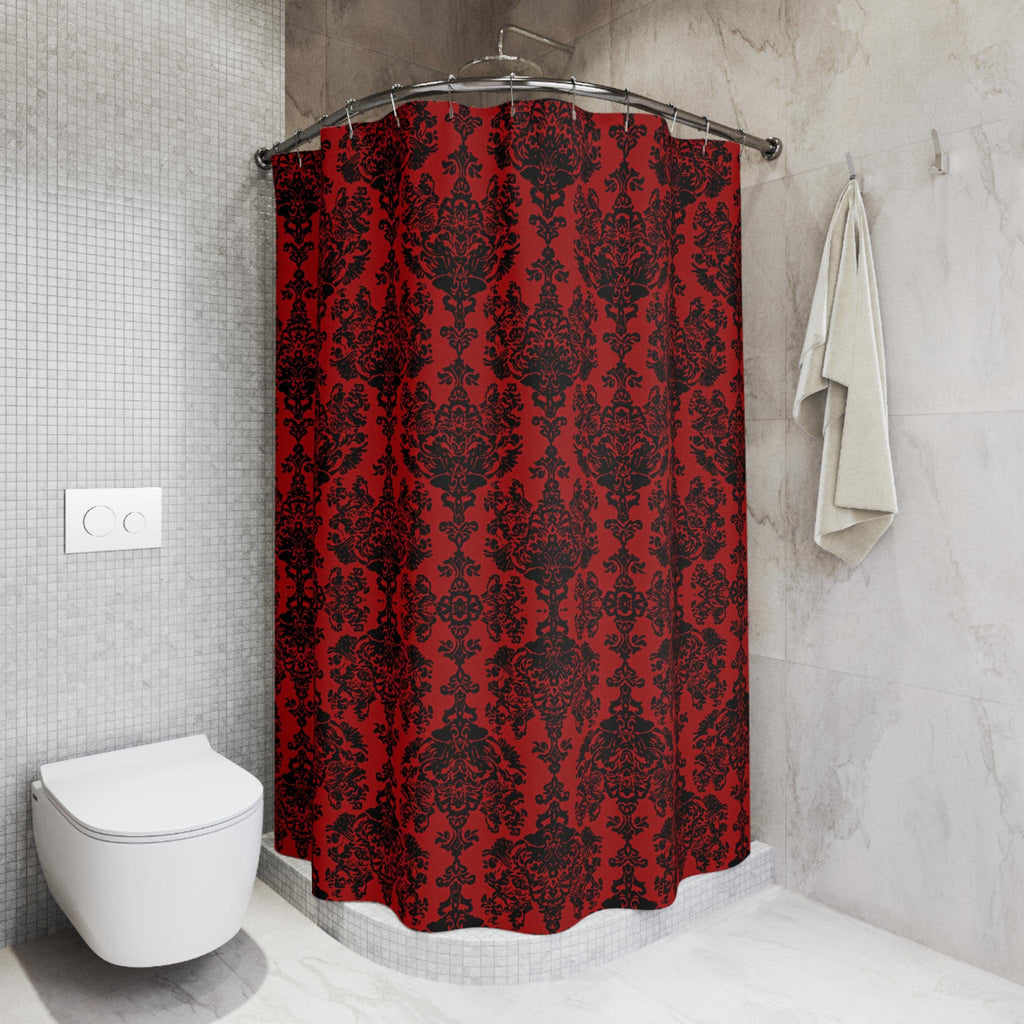 Elegant Gothic Damask Shower Curtain: Black & Crimson Vampire-Inspired Bath Decor for Romantic Ambiance