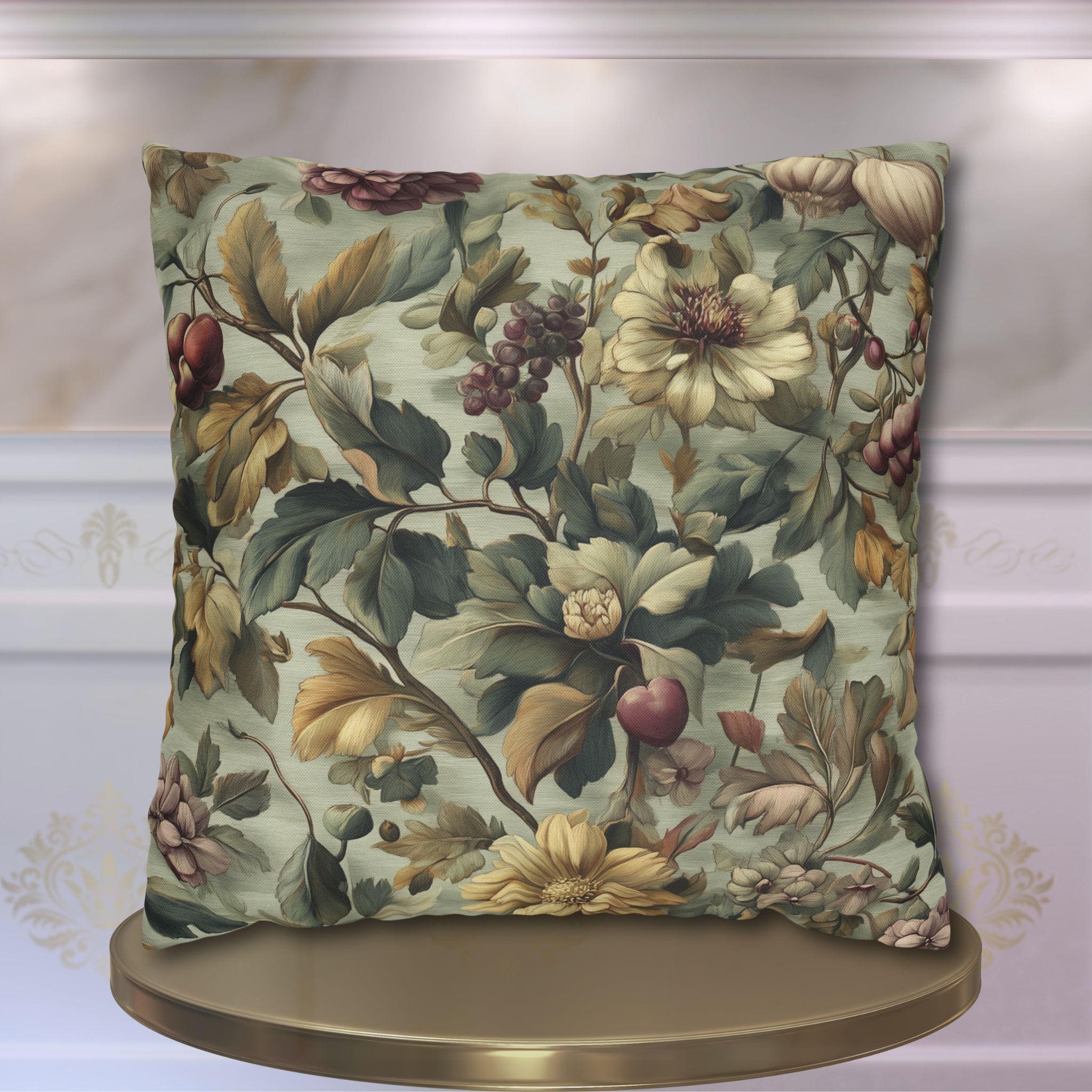 Vintage-Inspired Fall Botanical Pillow Cover: Sage, Wine, Wheat Hues for Cozy Home Decor