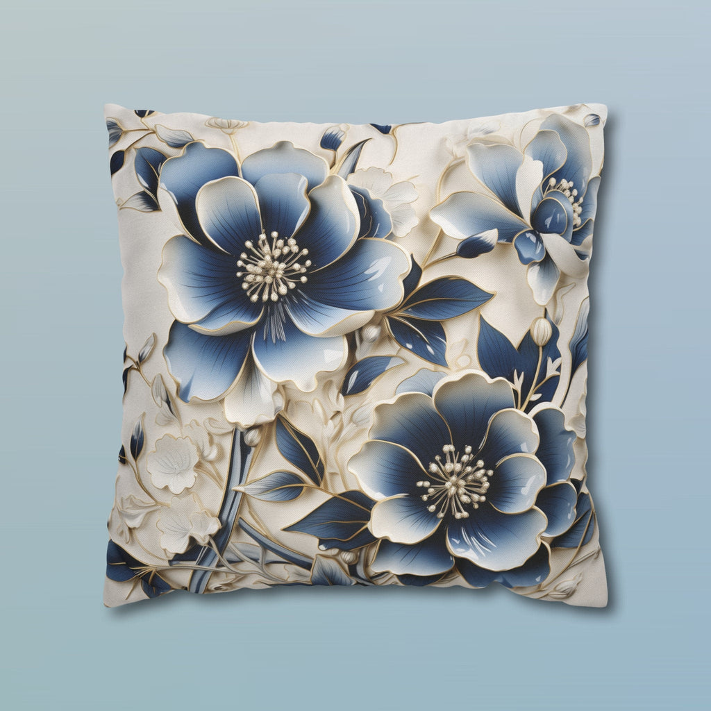 Elegant Chinoiserie Floral Pillow Cover: Blue & Off-White Eastern Motif Cushion for Home Decor