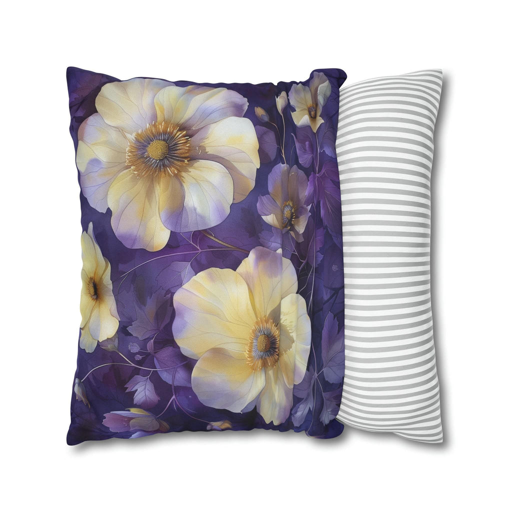 Floral Pillow Cover, Cream Yellow Pansies, Purple Botanical Print