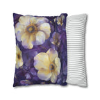 Floral Pillow Cover, Cream Yellow Pansies, Purple Botanical Print