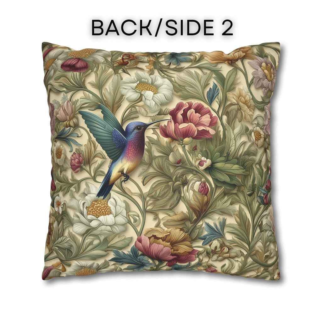 William Morris Inspired Botanical Pillow Cover: Vintage Style Hummingbird & Blooms