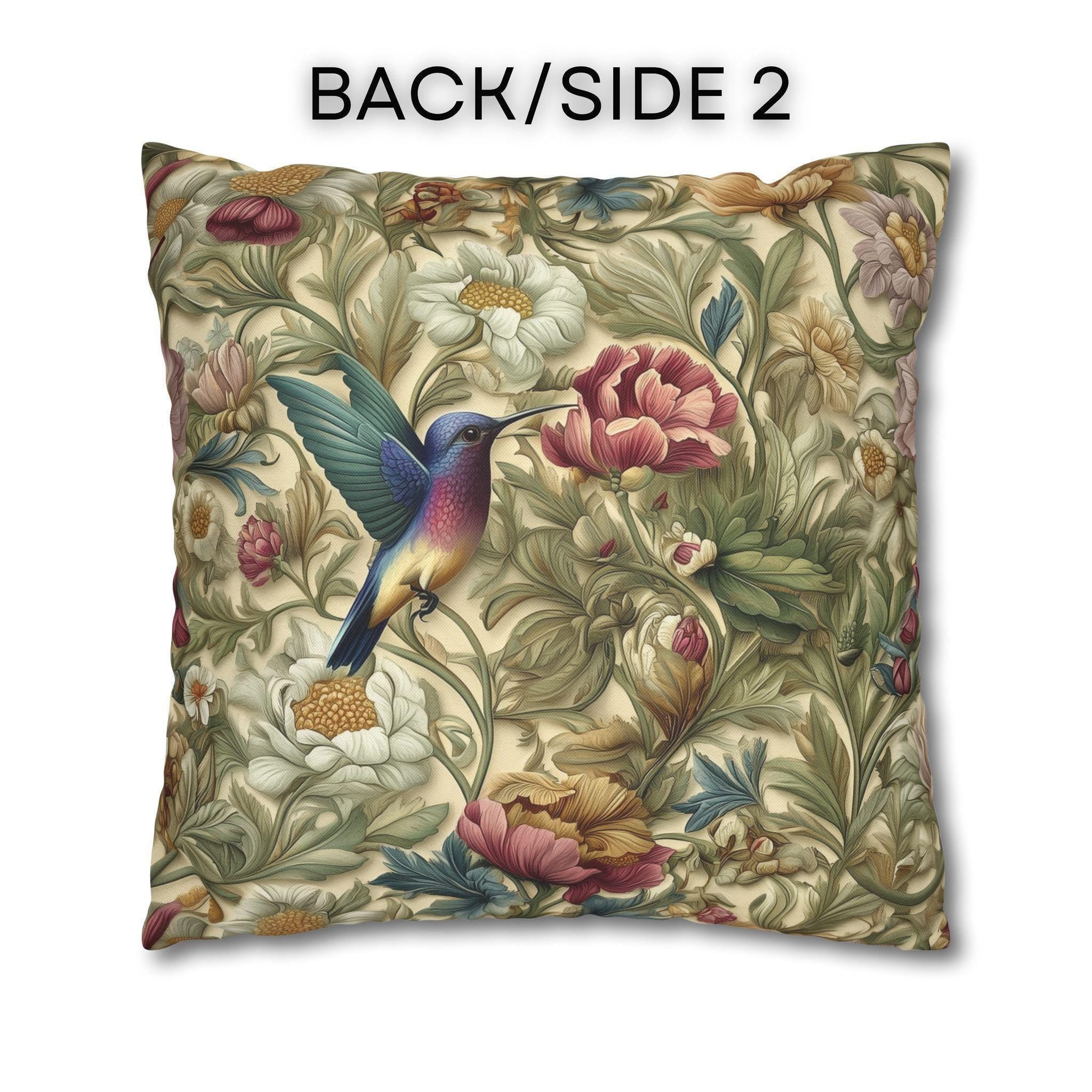 William Morris Inspired Botanical Pillow Cover: Vintage Style Hummingbird & Blooms