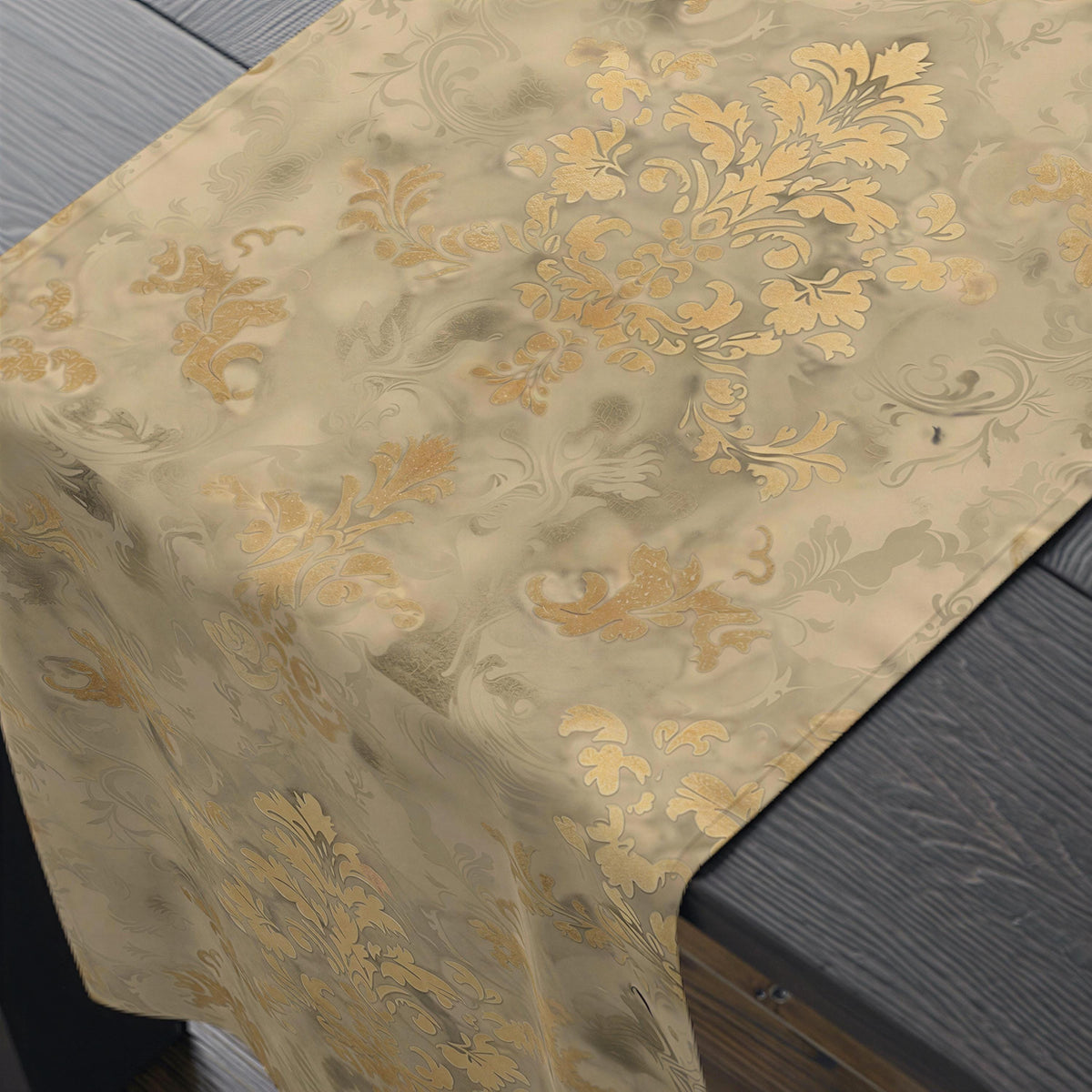 Classic Damask Pattern Table Runner: Soft Antique-Gold and Champagne-Beige