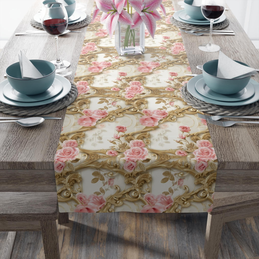 Wedding Table Runner with Pink Roses and Gold Scrollwork: Romantic Floral Decor