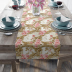Wedding Table Runner with Pink Roses and Gold Scrollwork: Romantic Floral Decor