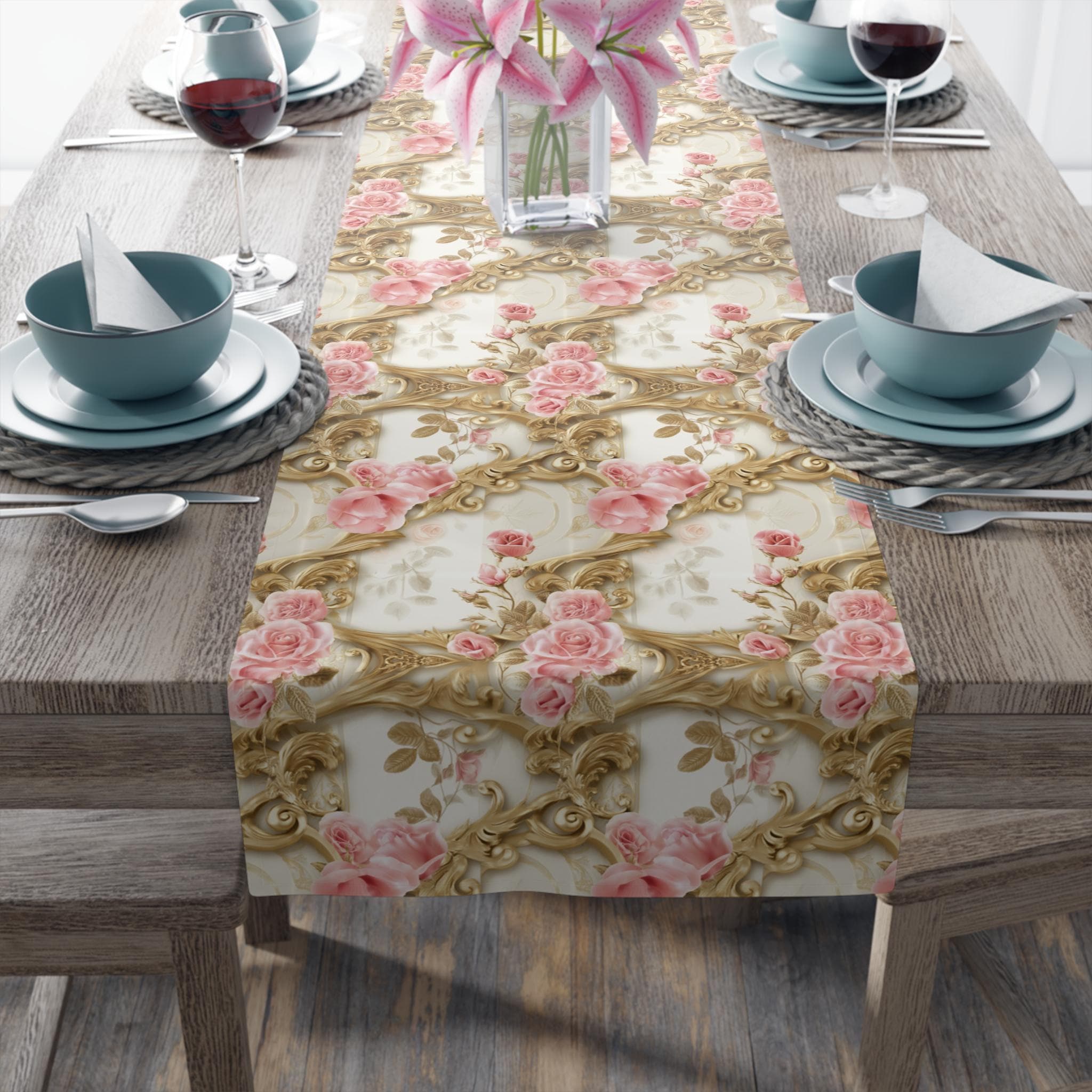 Wedding Table Runner with Pink Roses and Gold Scrollwork: Romantic Floral Decor
