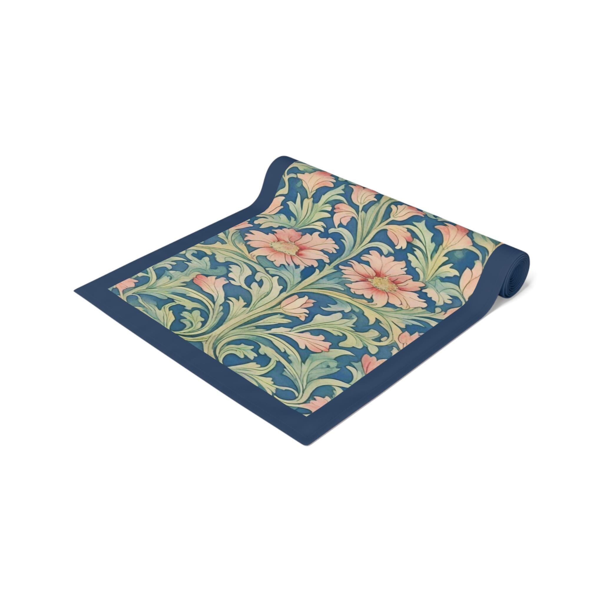 William Morris Pimpernel-Inspired Table Runner: Modern Blue & Coral Pink Botanical