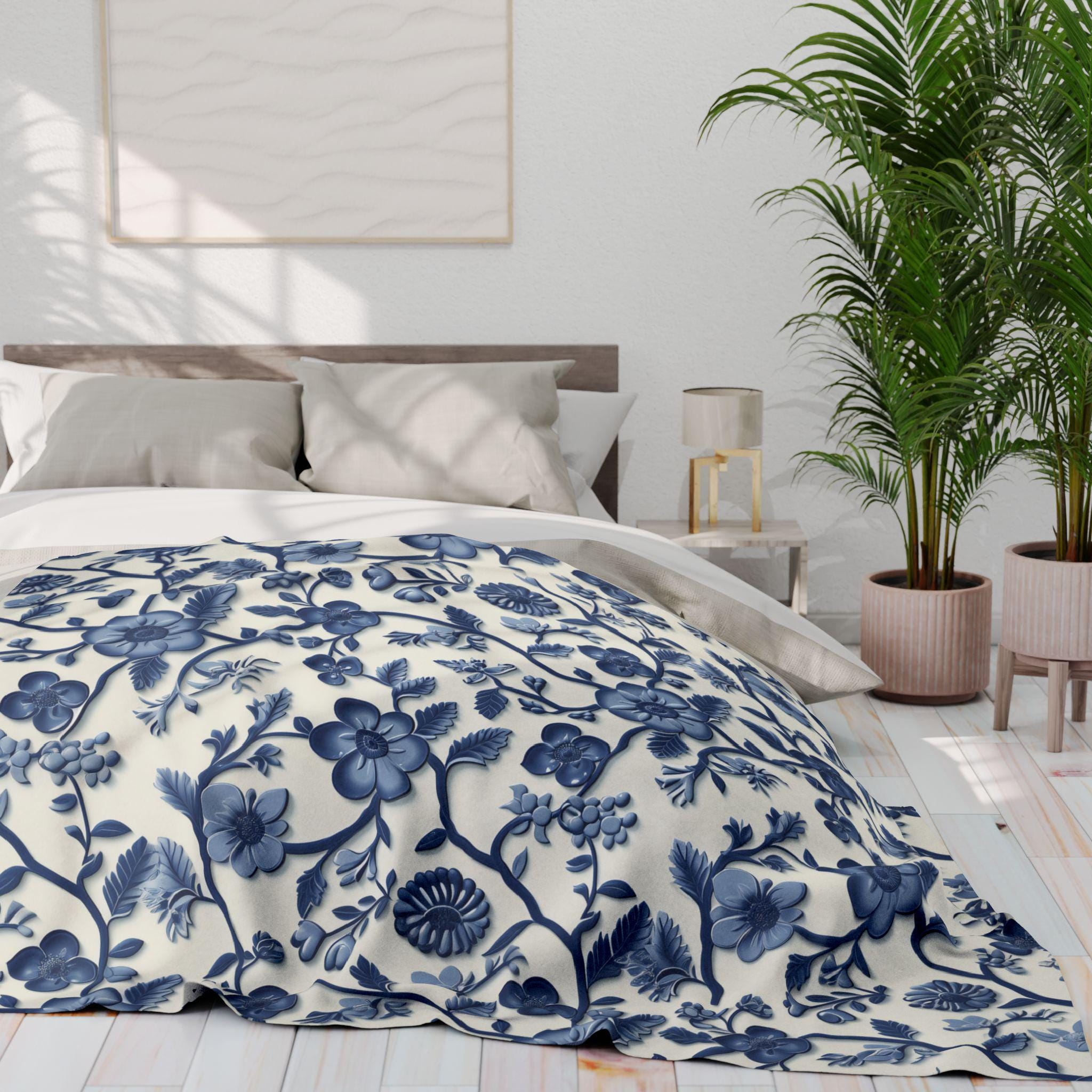 Chinoiserie Fleece Blanket: Blue and White Floral Pottery Pattern