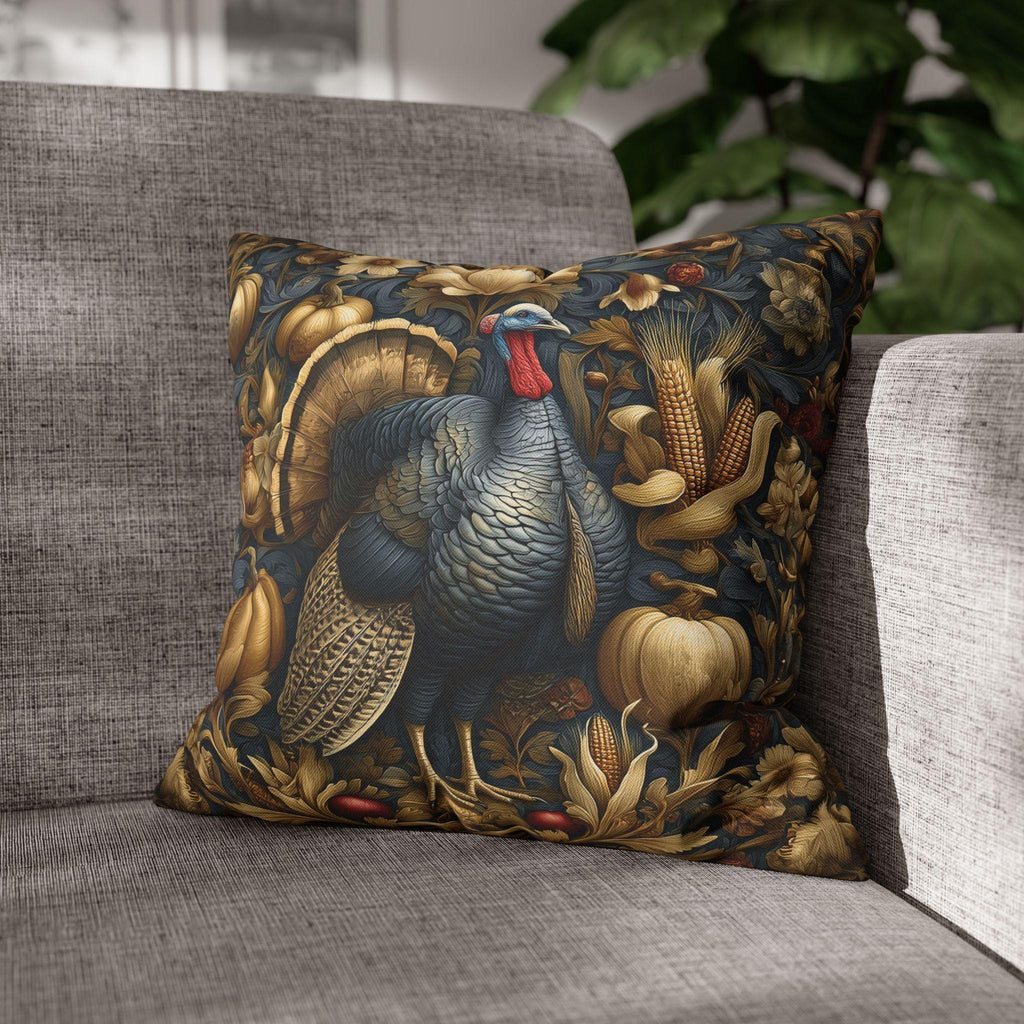 William Morris Autumn Pillow Cover: Botanical Thanksgiving Turkey Decor, Grey-Blue and Gold