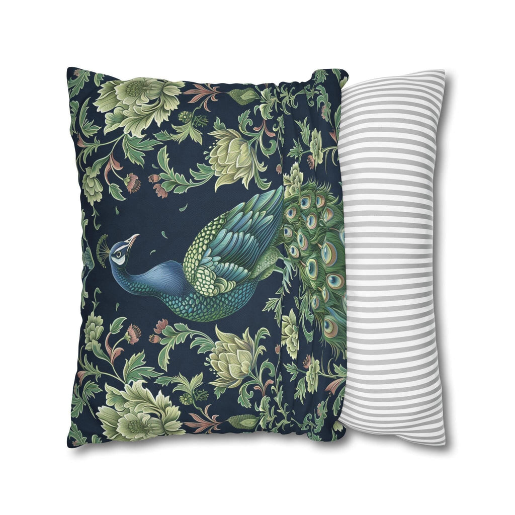 Peacock and Floral Pillow Cover | Elegant Navy Blue Background | Nature-Inspired Home Decor