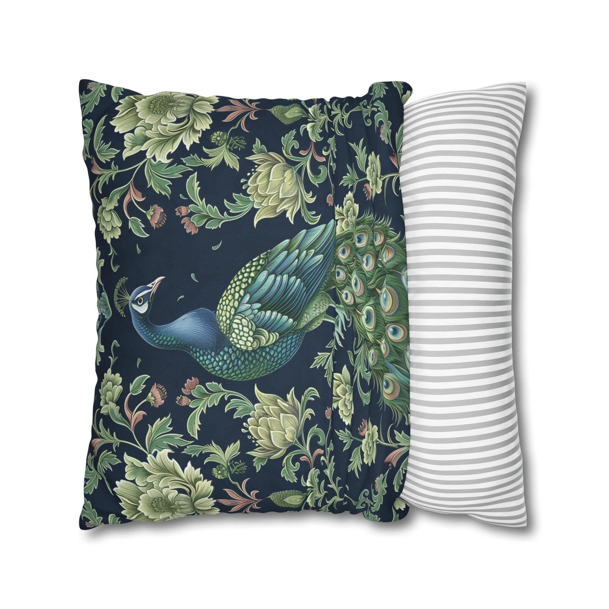 Peacock and Floral Pillow Cover | Elegant Navy Blue Background | Nature-Inspired Home Decor