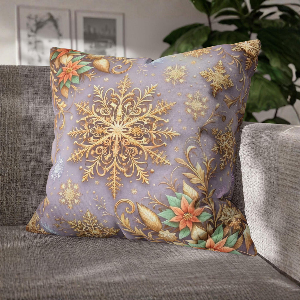 Pastel Christmas Pillow Cover: Gold Snowflake, Lilac Winter Decor, Frosted Poinsettia, Shabby Chic