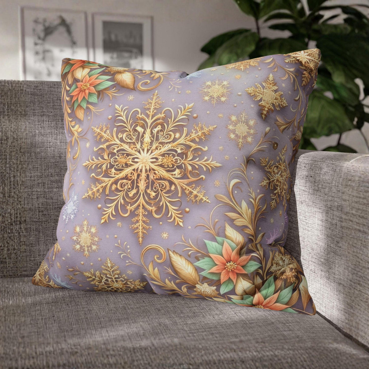 Pastel Christmas Pillow Cover: Gold Snowflake, Lilac Winter Decor, Frosted Poinsettia, Shabby Chic