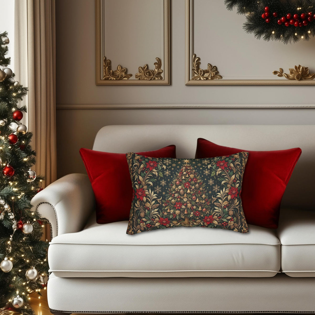 William Morris Christmas Lumbar Pillow: Vintage Style Emerald Green Poinsettia, Golden Snowflake