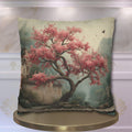 Chinoiserie Watercolor Pillow Cover: Pink Blossom Tree with Misty Temple Landscape Scene