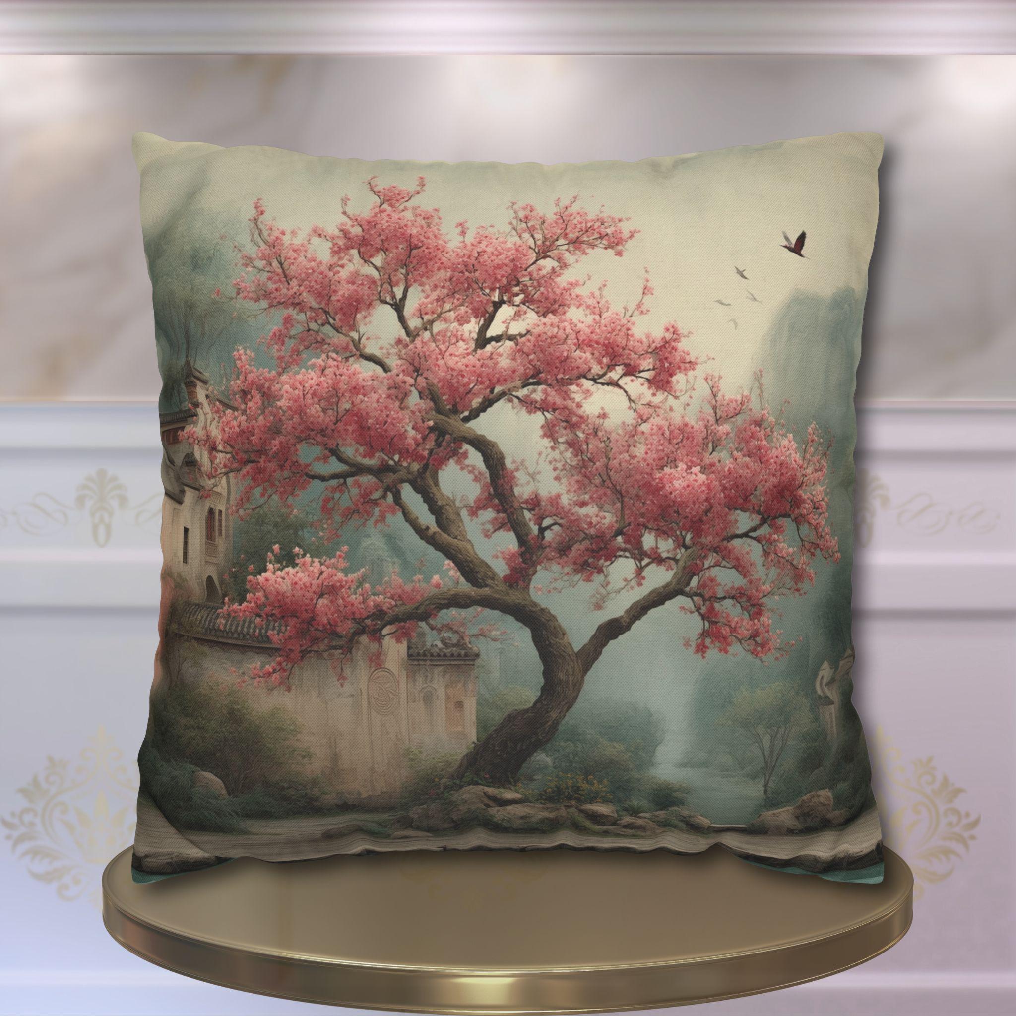 Chinoiserie Watercolor Pillow Cover: Pink Blossom Tree with Misty Temple Landscape Scene