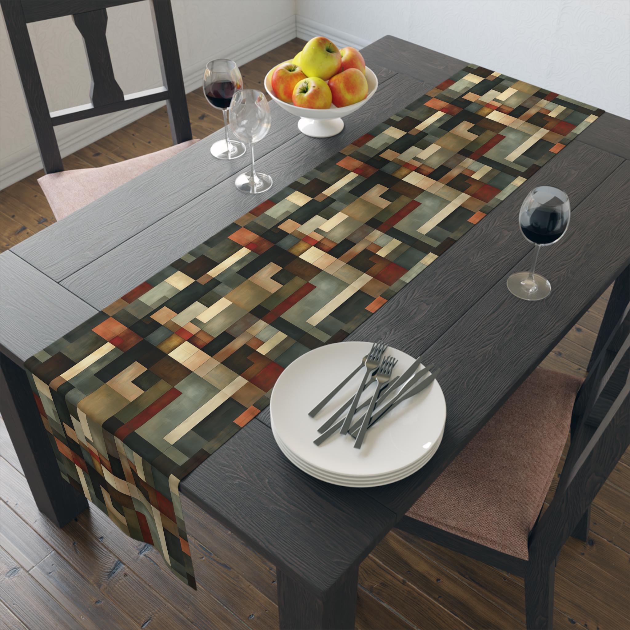 Geometric Abstract Table Runner: Earthy Muted Tones, Modern Rustic Decor, Hand-painted Effect
