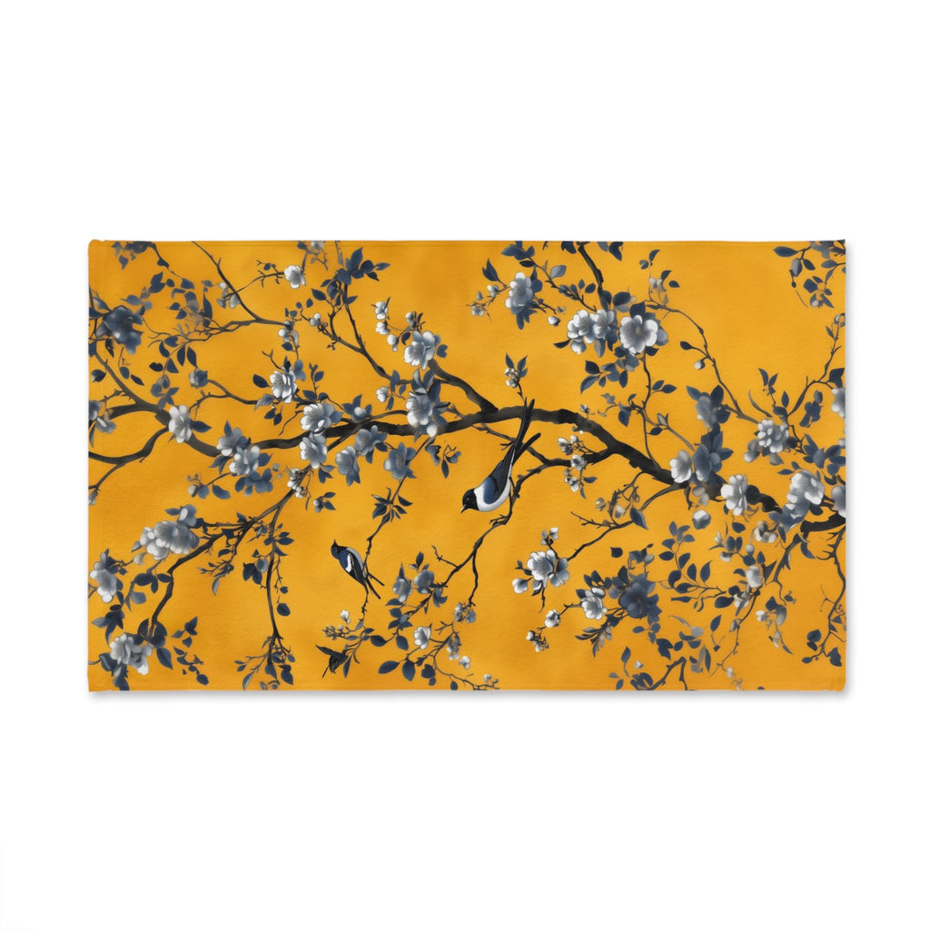 Chinoiserie Blue Birds Hand Towel: Golden Yellow Floral Botanical Bathroom Accent Asian Inspired
