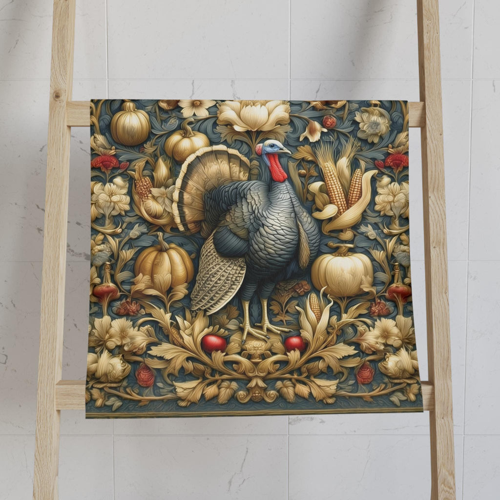 William Morris Autumn Hand Towel: Botanical Thanksgiving Turkey Decor, Grey-Blue and Gold