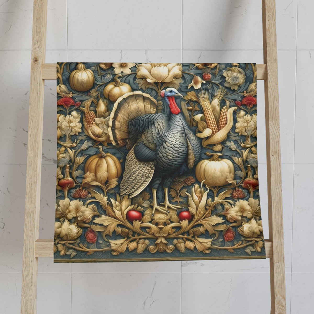 William Morris Autumn Hand Towel: Botanical Thanksgiving Turkey Decor, Grey-Blue and Gold