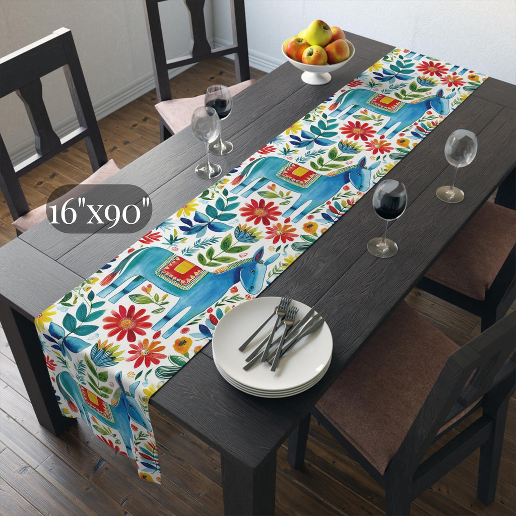 Otomi Table Runner: Blue Donkey Mexican Style Folk Art Floral Decor