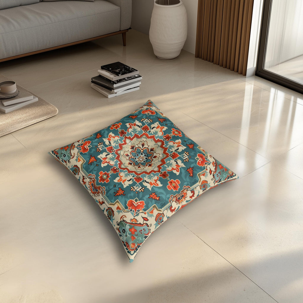Turkish Kilim-Inspired Tufted Floor Cushion: Vibrant Teal & Coral Medallion Design for Bohemian Seating