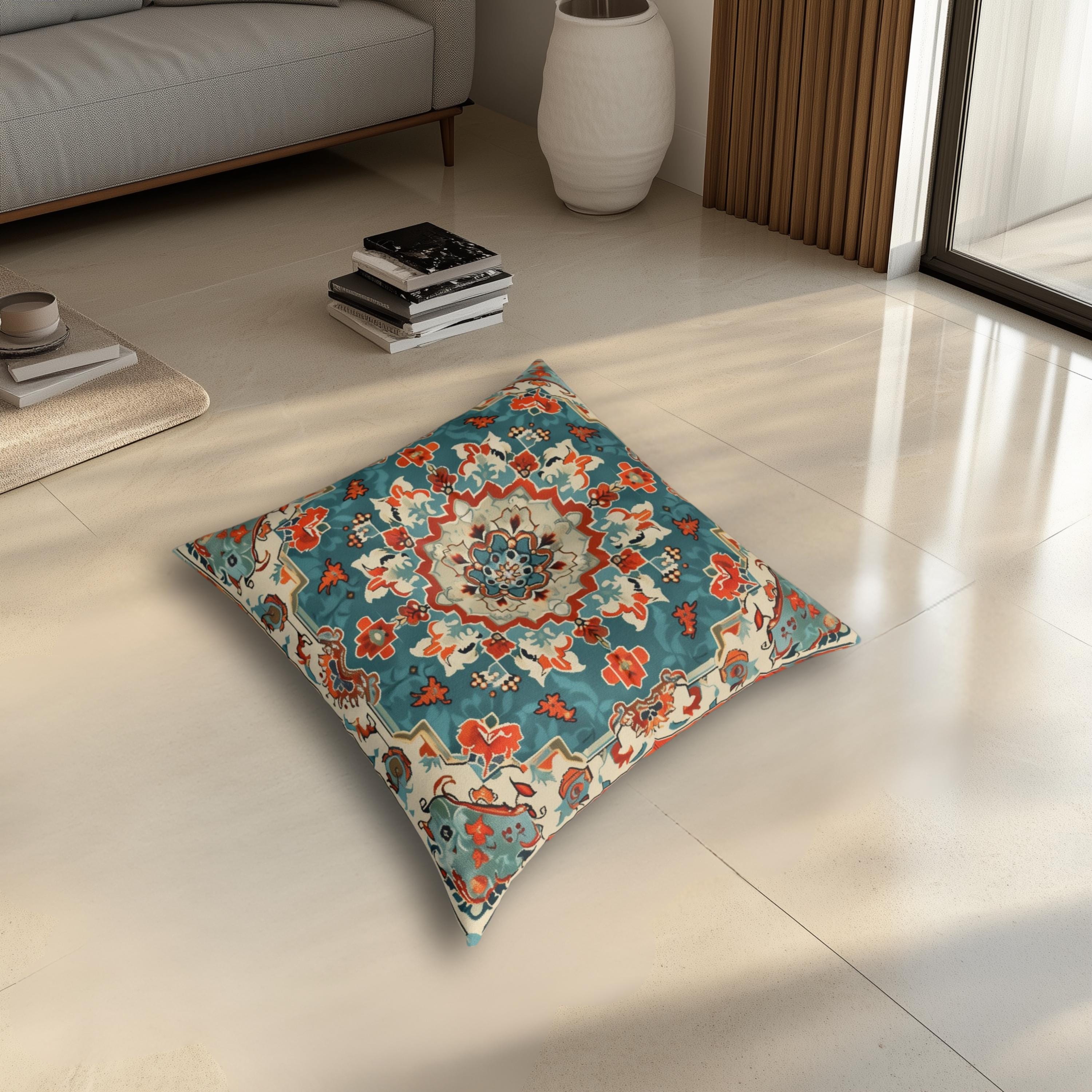 Turkish Kilim-Inspired Tufted Floor Cushion: Vibrant Teal & Coral Medallion Design for Bohemian Seating