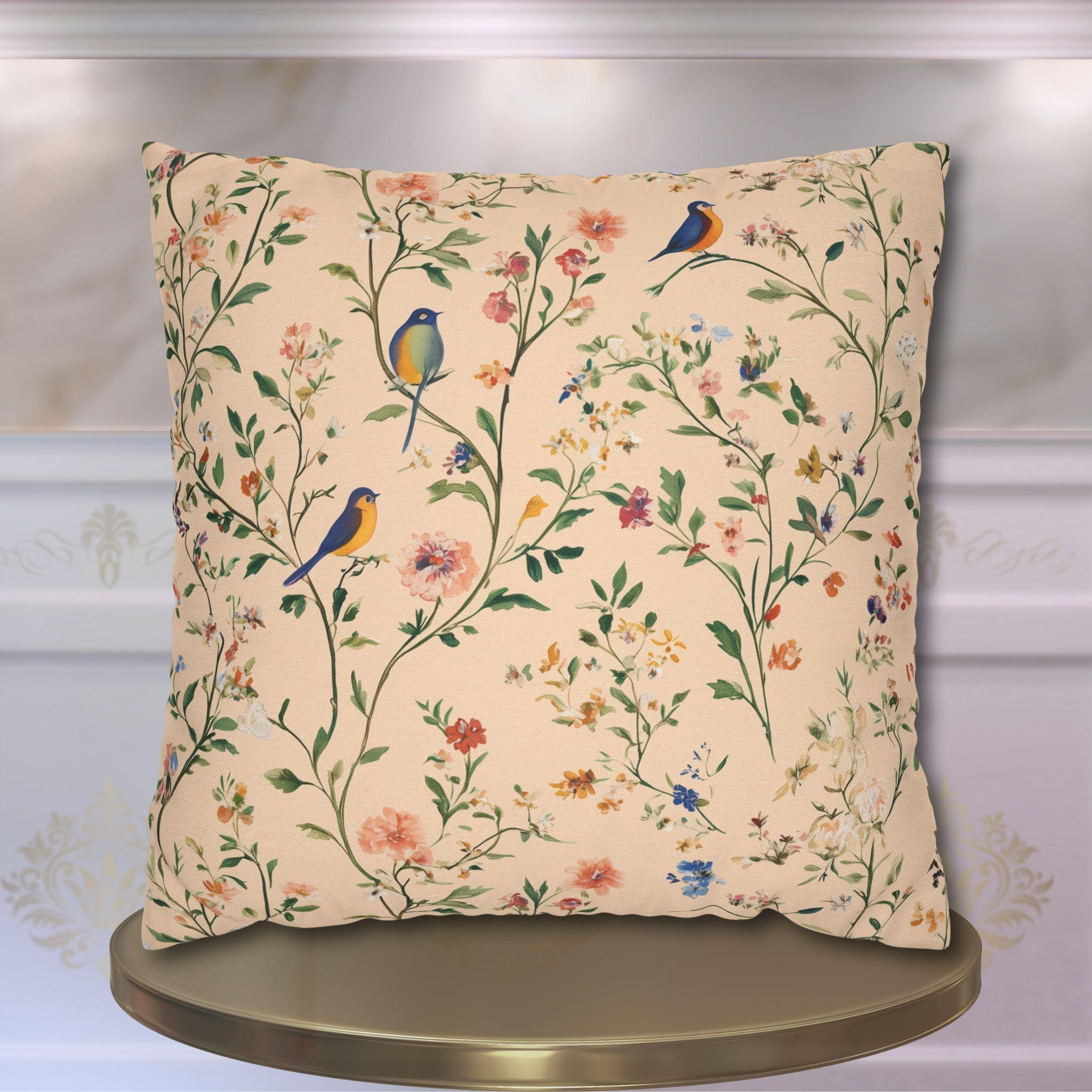 Chinoiserie Bird Pillow Cover: Vintage Style Peach Floral Cushion