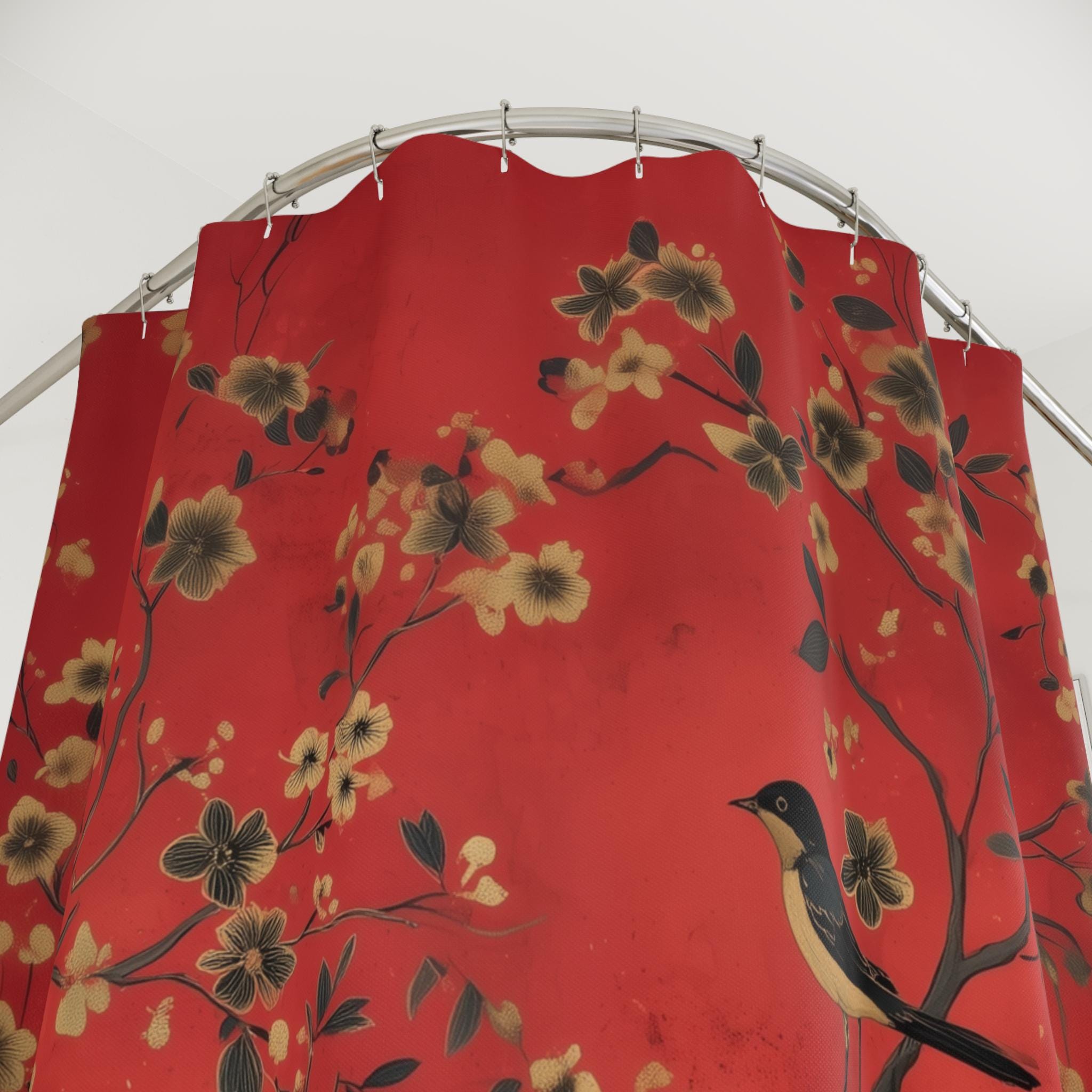 Elegant Chinoiserie Shower Curtain: Red Floral with Black Birds, Asian-Inspired Bathroom Decor