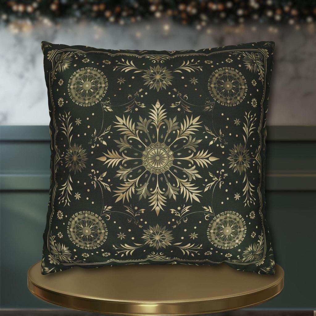 Elegant Dark Emerald Green Christmas Pillow Cover with Golden Snowflakes: Luxurious Holiday Decor