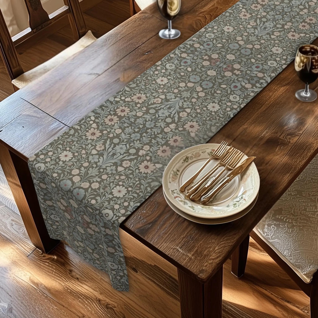 William Morris Table Runner: Soft Sage, Taupe, Blush Botanical Print