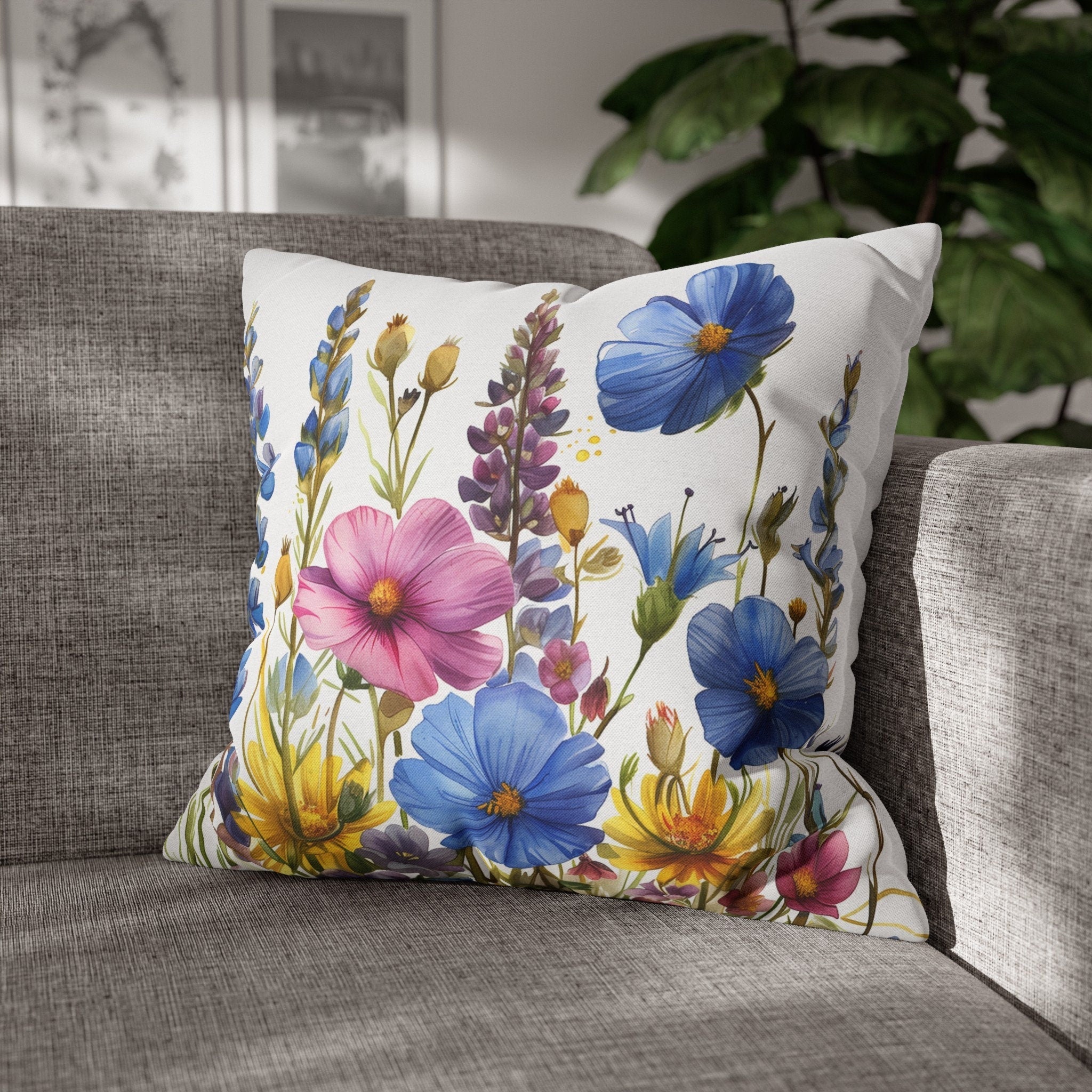 Watercolor Wildflower Pillow Cover: Summer Meadow Boho Cushion for Home Decor