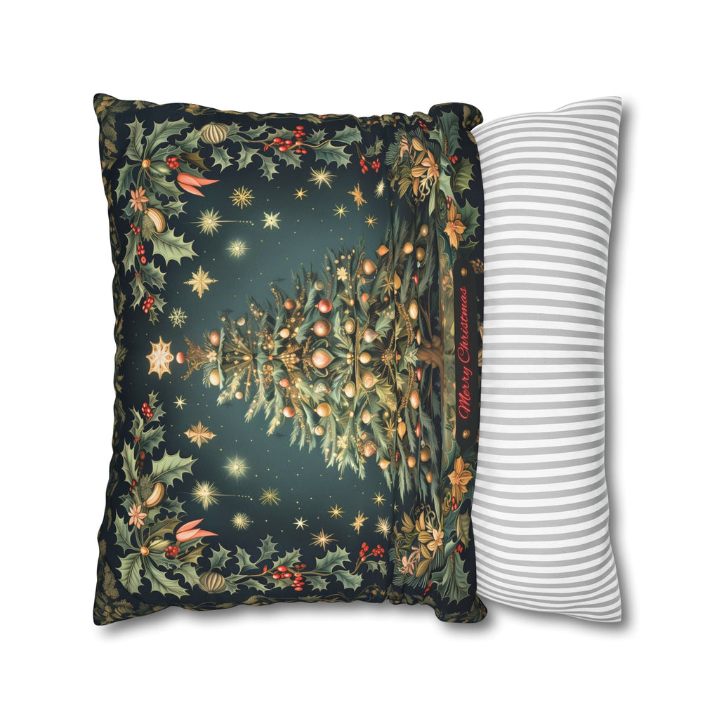 William Morris Merry Christmas 2024 Euro Sham, Gold Red Ornaments on Forest Green and Holly 24x24 & 26x26 inch sizes available