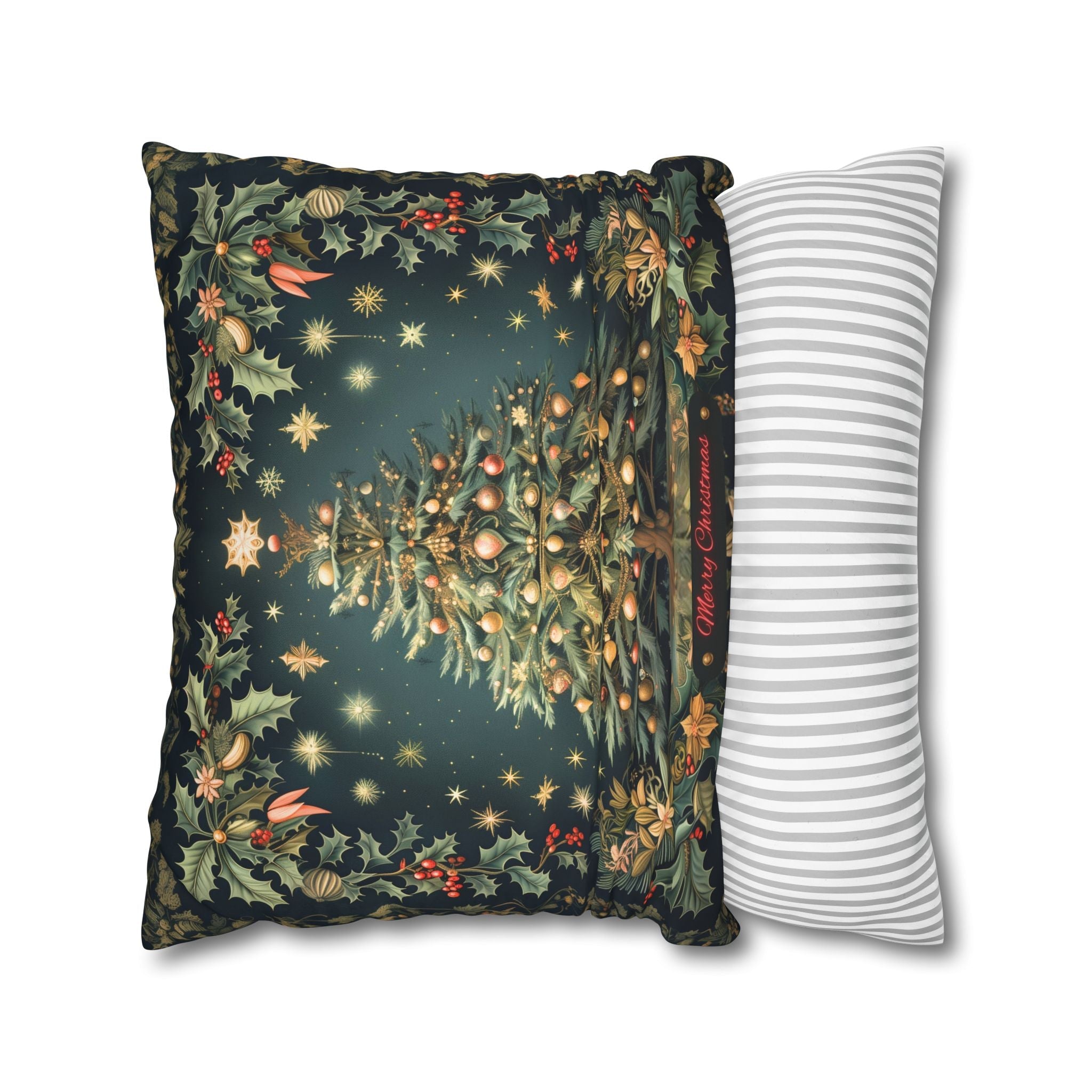 William Morris Merry Christmas 2024 Euro Sham, Gold Red Ornaments on Forest Green and Holly 24x24 & 26x26 inch sizes available