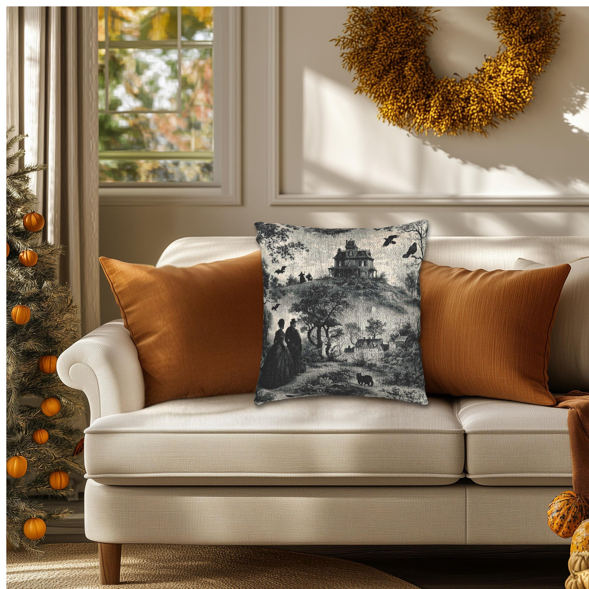 Gothic Toile Tapestry Throw Pillow: Haunted Victorian House, Jacquard Woven Decor